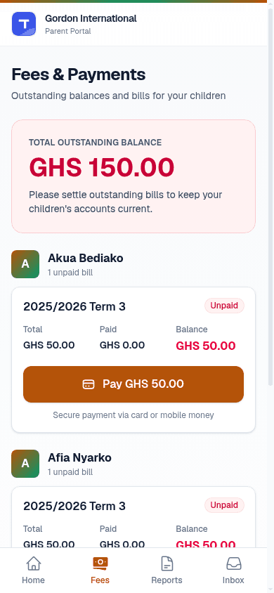 Parent portal fees and MoMo payment