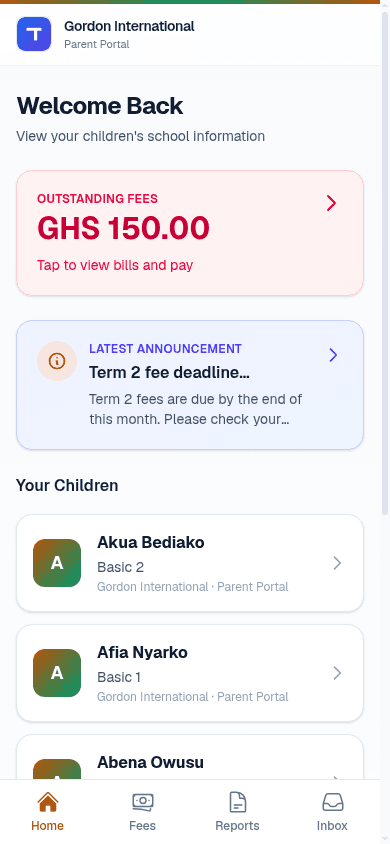 TavlaHub parent portal home screen showing outstanding fees and MoMo payment option