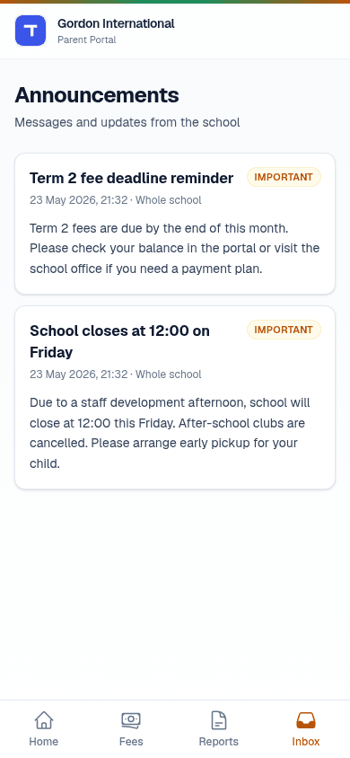 Parent portal inbox and announcements